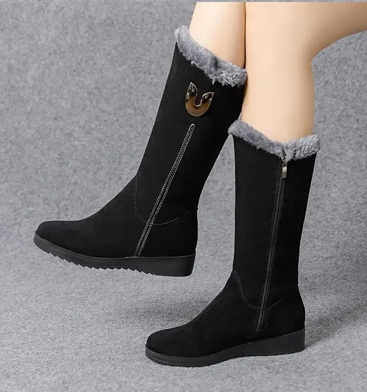 Luxurious Women's Warm High Fur Boots showcasing a sleek mid-calf design with premium faux suede finish, perfect for winter elegance.