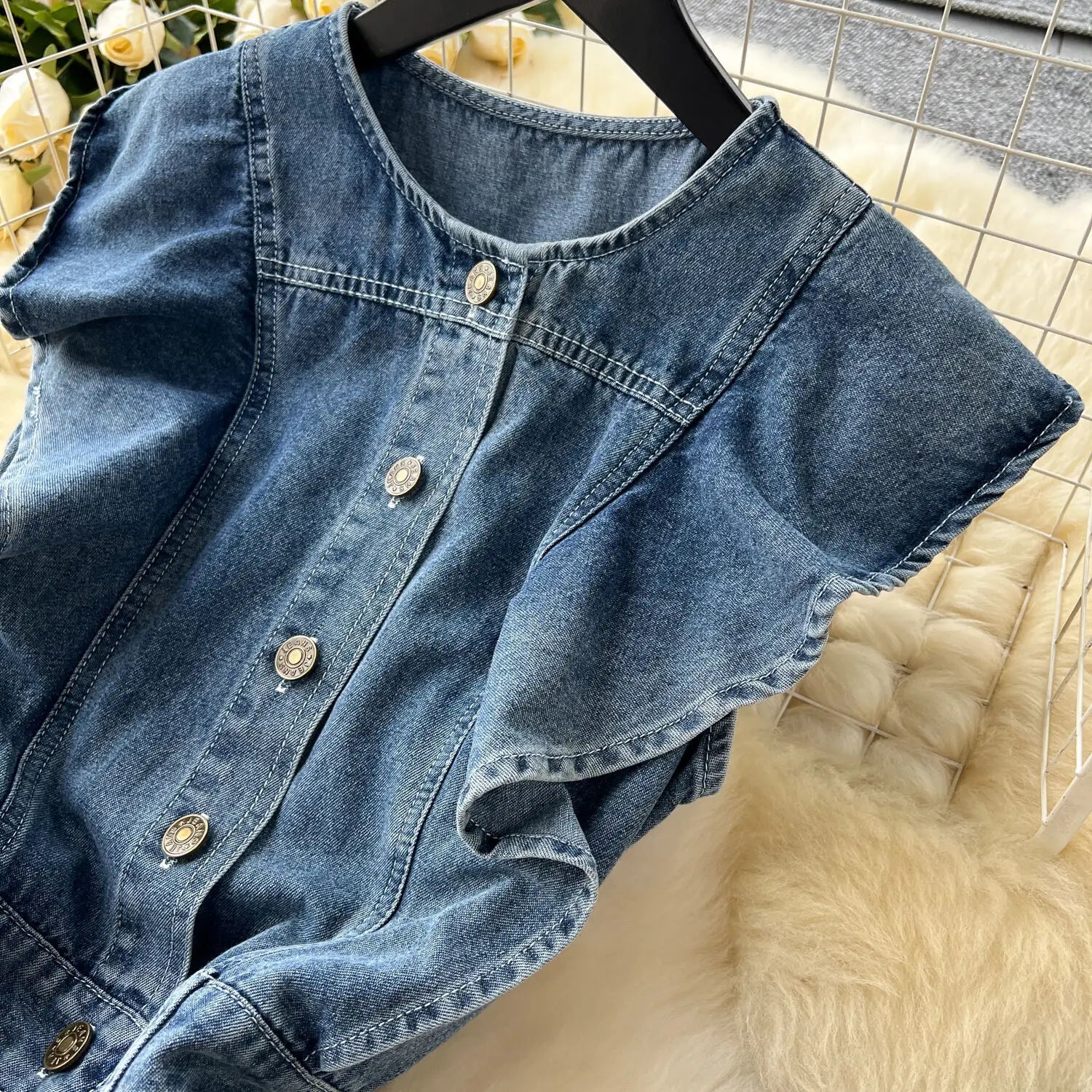 Elegant WTHT Women's Ruffled Edge Sleeveless Denim Long Dress in mid-calf length, featuring O-neck design and pleated style for a chic autumn/winter look.