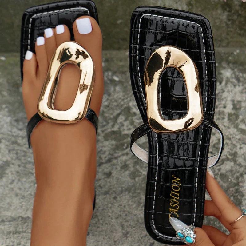 Elegant PU slippers for women, featuring a solid design and low heel, perfect for summer leisure wear.