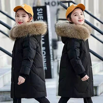 Elegant winter coat for girls aged 5-14, with a long silhouette and sophisticated hood, perfect for keeping warm and stylish in cold weather.