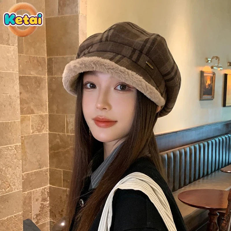 Luxurious women's vintage plaid octagonal plush hat in outdoor spring setting.