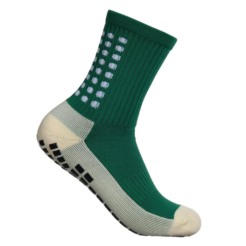 MagiMobo men's football socks featured in a sleek running sports gear setting, emphasising their non-slip grip and premium quality.