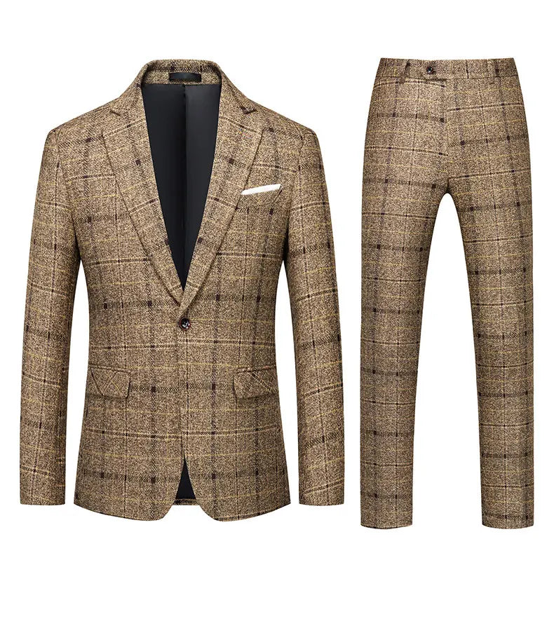 Chic men's suit set comprising a refined vest and smart trousers, designed for formal events and weddings, showcasing a premium finish and contemporary style.