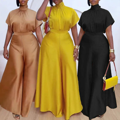 Luxurious African women's fashion featuring a satin lace-up top and high waist wide leg pants set, perfect for casual elegance and stylish comfort.