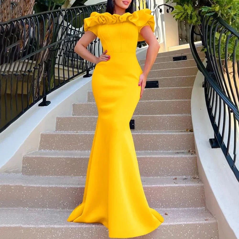 Elegant off shoulder mermaid dress for women featuring short sleeves and a floor length design, perfect for a sexy club style occasion, crafted from premium polyester.