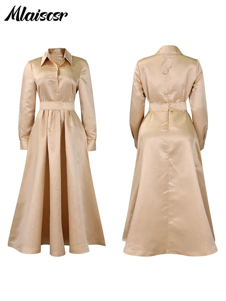 Stylish Mlaiscsr khaki midi dress displayed on a model, exuding sophistication with its pleated design and pockets, tailored for the modern woman seeking refined style.