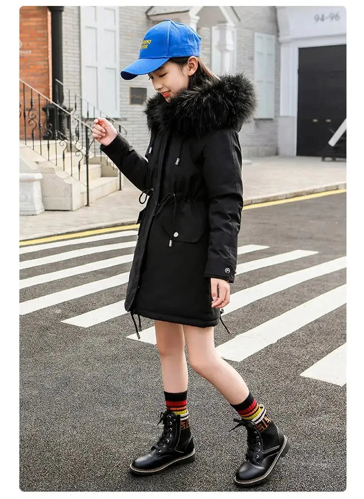 Chic hooded winter parka for girls, adorned with a plush fur collar, ideal for ages 5-14, combining functionality and fashionable design.