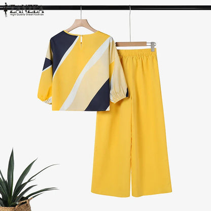 ZANZEA women's summer pant set featuring an elegant 3/4 sleeve printed blouse in a vibrant geometric design paired with chic ankle-length wide leg trousers, perfect for sophisticated casual occasions.