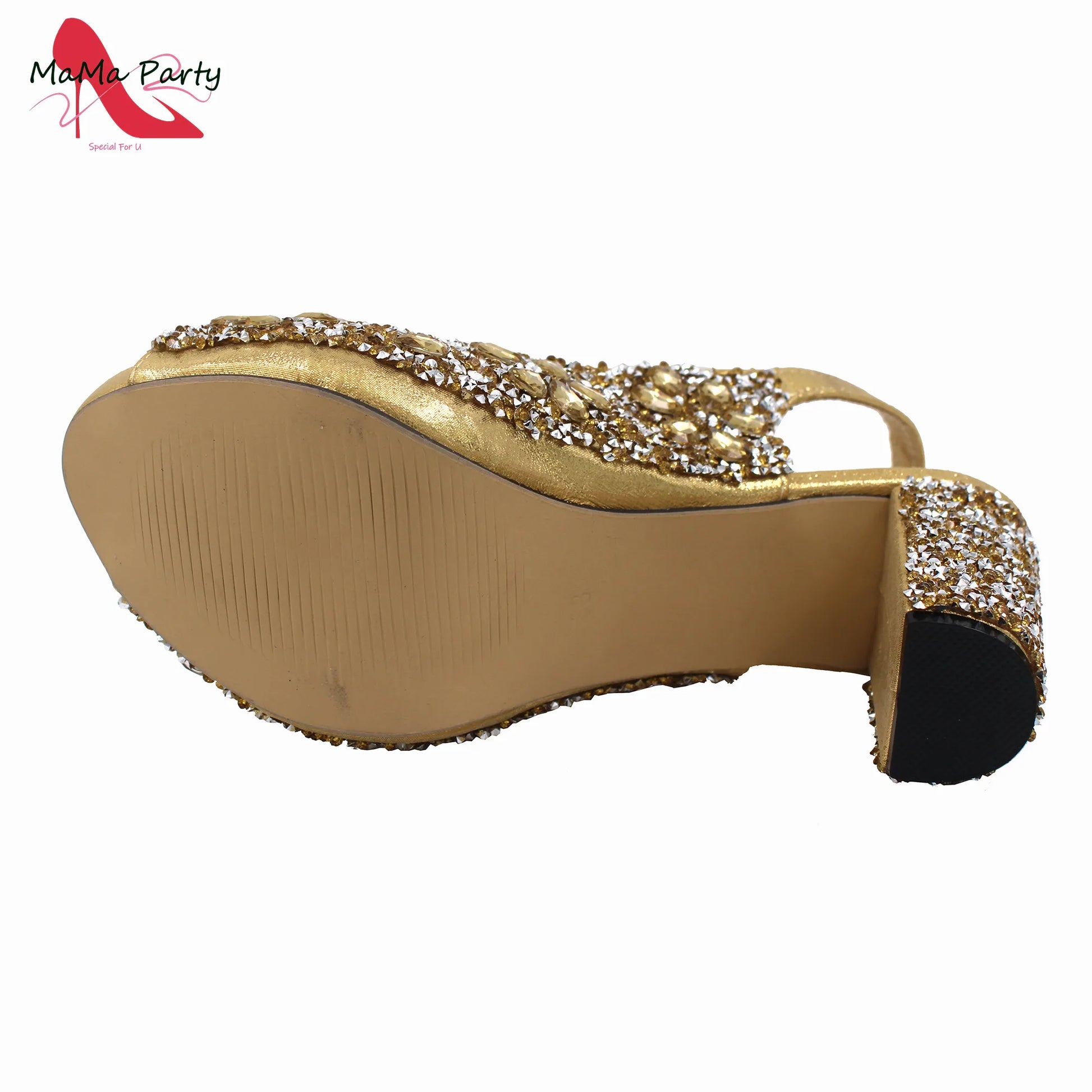 Close-up of the stunning crystal details on red peep toe sandals, showcasing the high-fashion element designed for ladies.