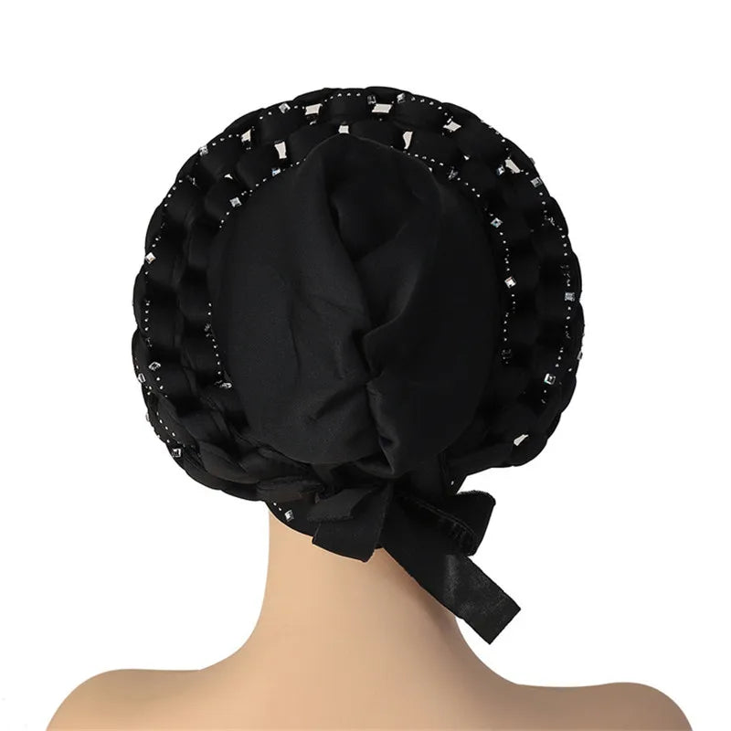 Elegant luxury African Autogele headtie turban cap featuring dazzling diamond accents for sophisticated women's fashion.