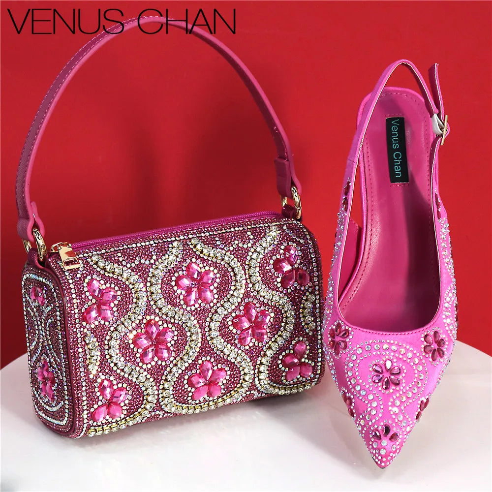 Elegant fuchsia high heels with rhinestone toe detail, showcasing a luxurious design and comfortable silhouette, perfect for women's fashion.