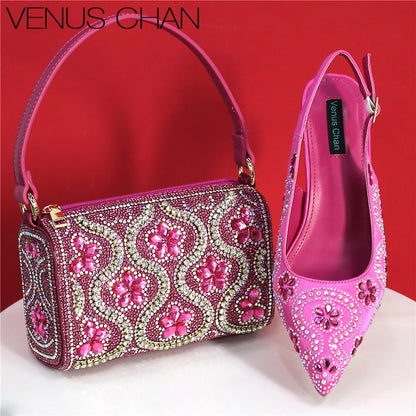 Elegant fuchsia high heels with rhinestone toe detail, showcasing a luxurious design and comfortable silhouette, perfect for women's fashion.