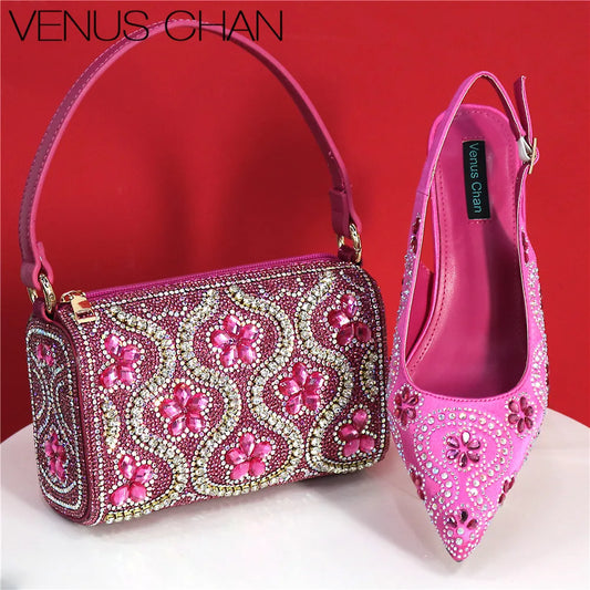 Elegant fuchsia high heels with rhinestone toe detail, showcasing a luxurious design and comfortable silhouette, perfect for women's fashion.