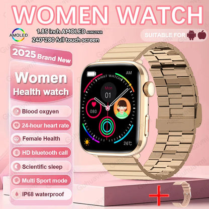 Sophisticated AMOLED smart watch for ladies, with features like accurate body temperature measurement and fitness tracking in a fashionable design.