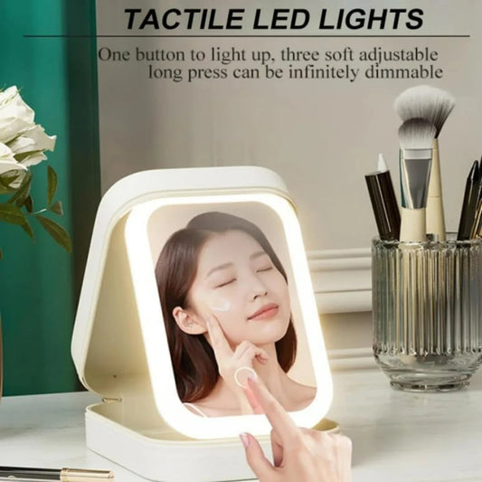 Stylish white makeup travel bag displaying a high-quality LED mirror with customisable lighting options, ideal for luxury on-the-go beauty.