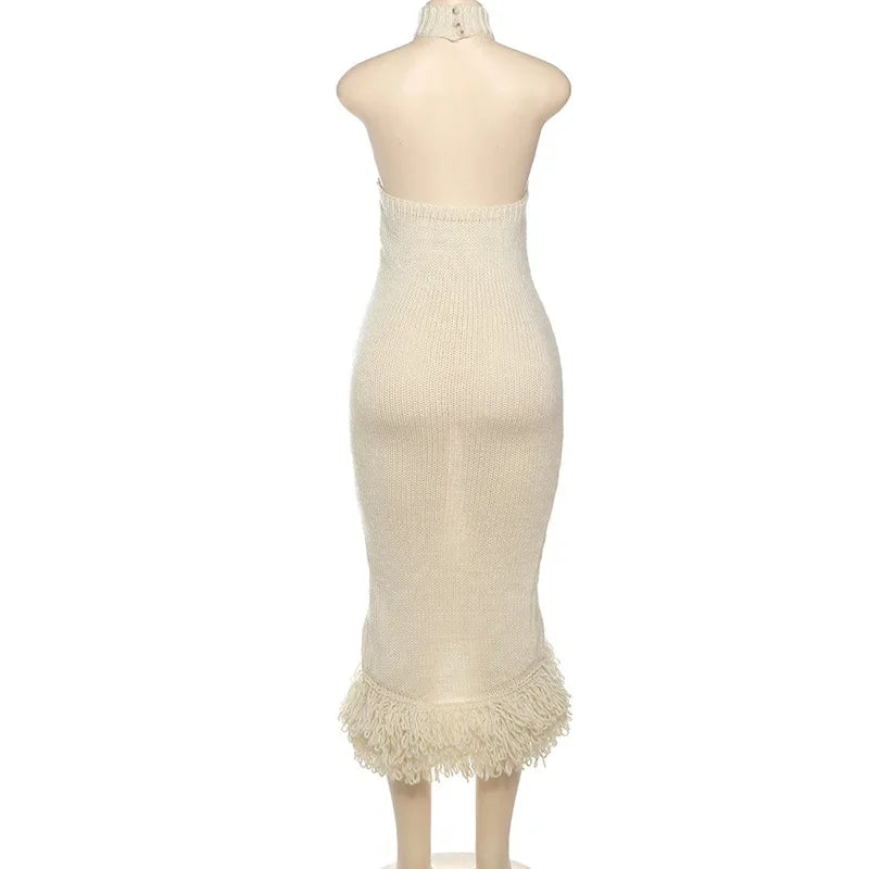 CM.YAYA Women's Sleeveless Tassel Bodycon Dress in elegant O-neck design, showcasing a luxurious slim fit and mid-calf length, perfect for sophisticated evening wear.