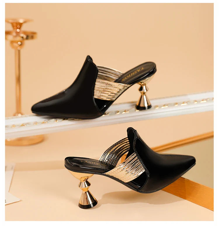 Sleek design of green pointed toe mules, focusing on the elevated metal heel, suitable for both casual and formal summer wear.