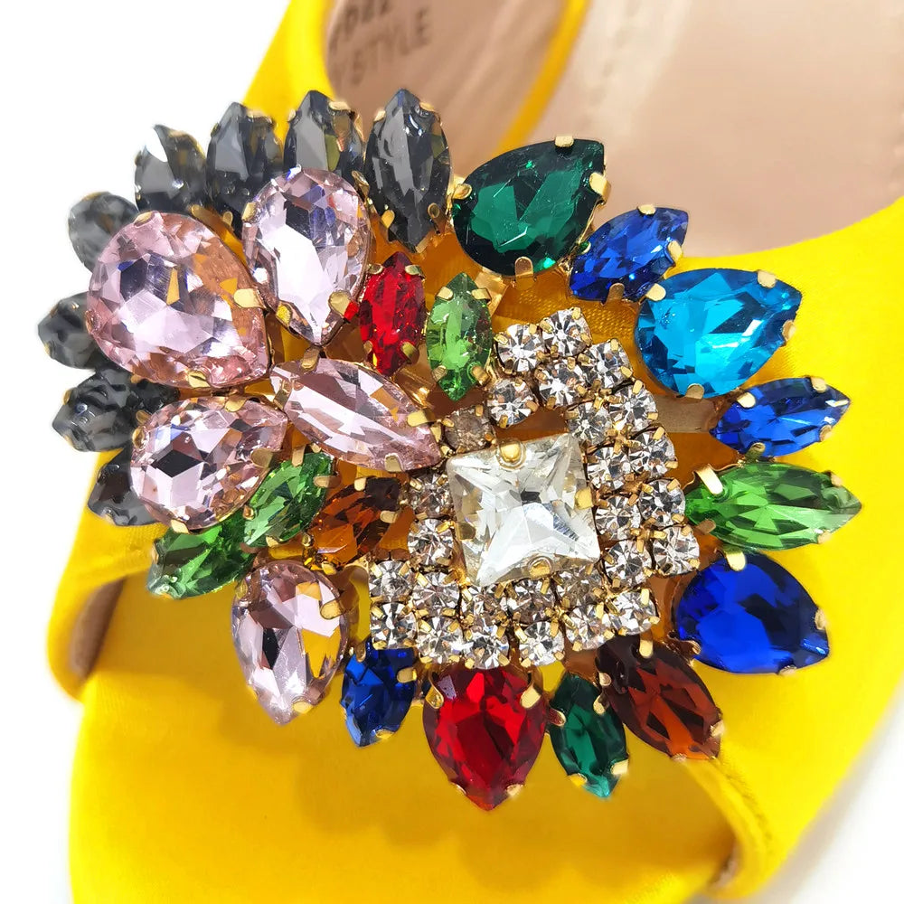 Elegant yellow luxury rhinestone stiletto heels for women, showcasing a super high spike heel design, perfect for parties and weddings.