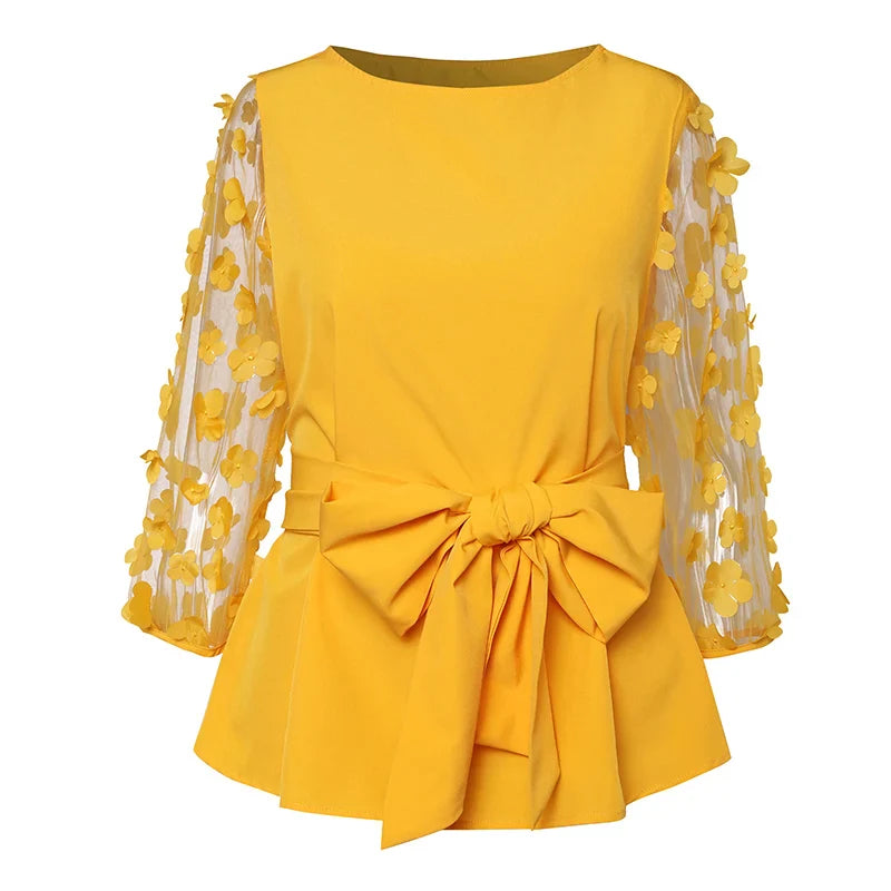 Sophisticated VONDA women's floral mesh blouse, featuring a unique loose fit and stylish embellishments, perfect for all-season fashion.