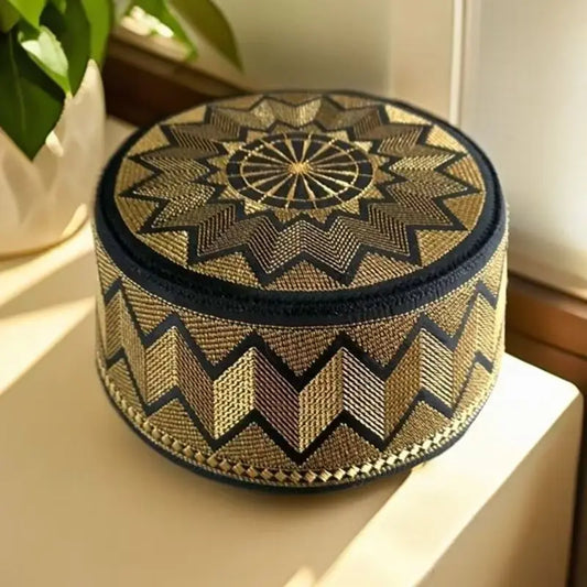 Luxury Men's Islamic Prayer Cap elegantly designed with intricate embroidery, perfect for Eid and Ramadan festivities.