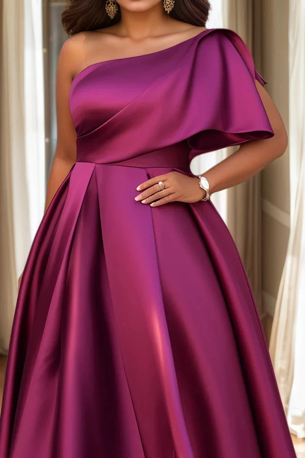 Chic plus size one-shoulder A-line maxi dress in a solid colour, designed for summer stylish events, flaunting a flattering empire waistline.