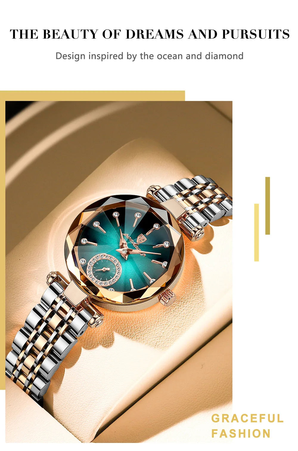 Stylish quartz wristwatch for women with a push-button hidden clasp, combining functionality and sophisticated design for everyday wear.