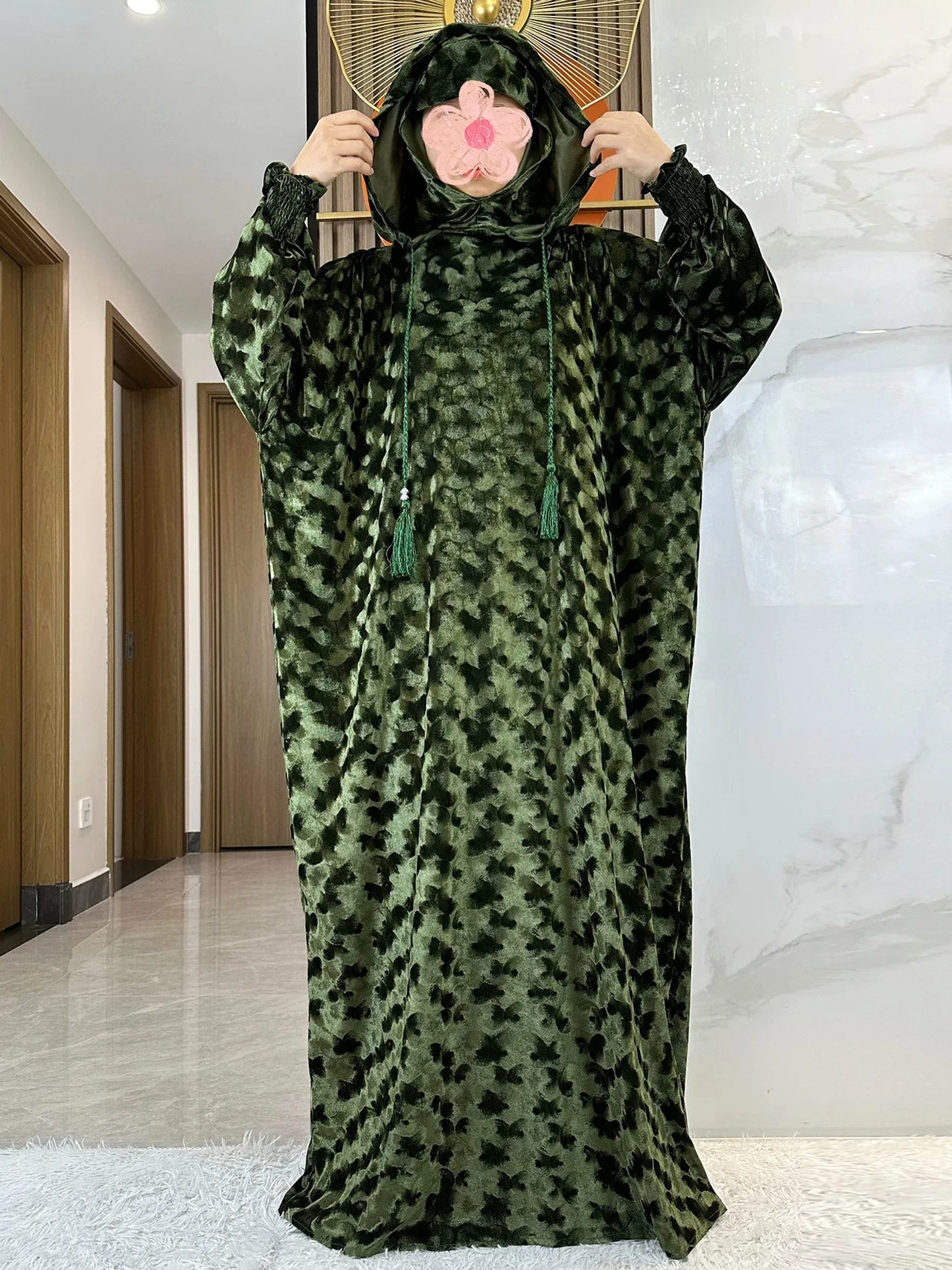 Elegant Islamic prayer kaftan dress in rich velvet material, designed for sophisticated modest fashion.