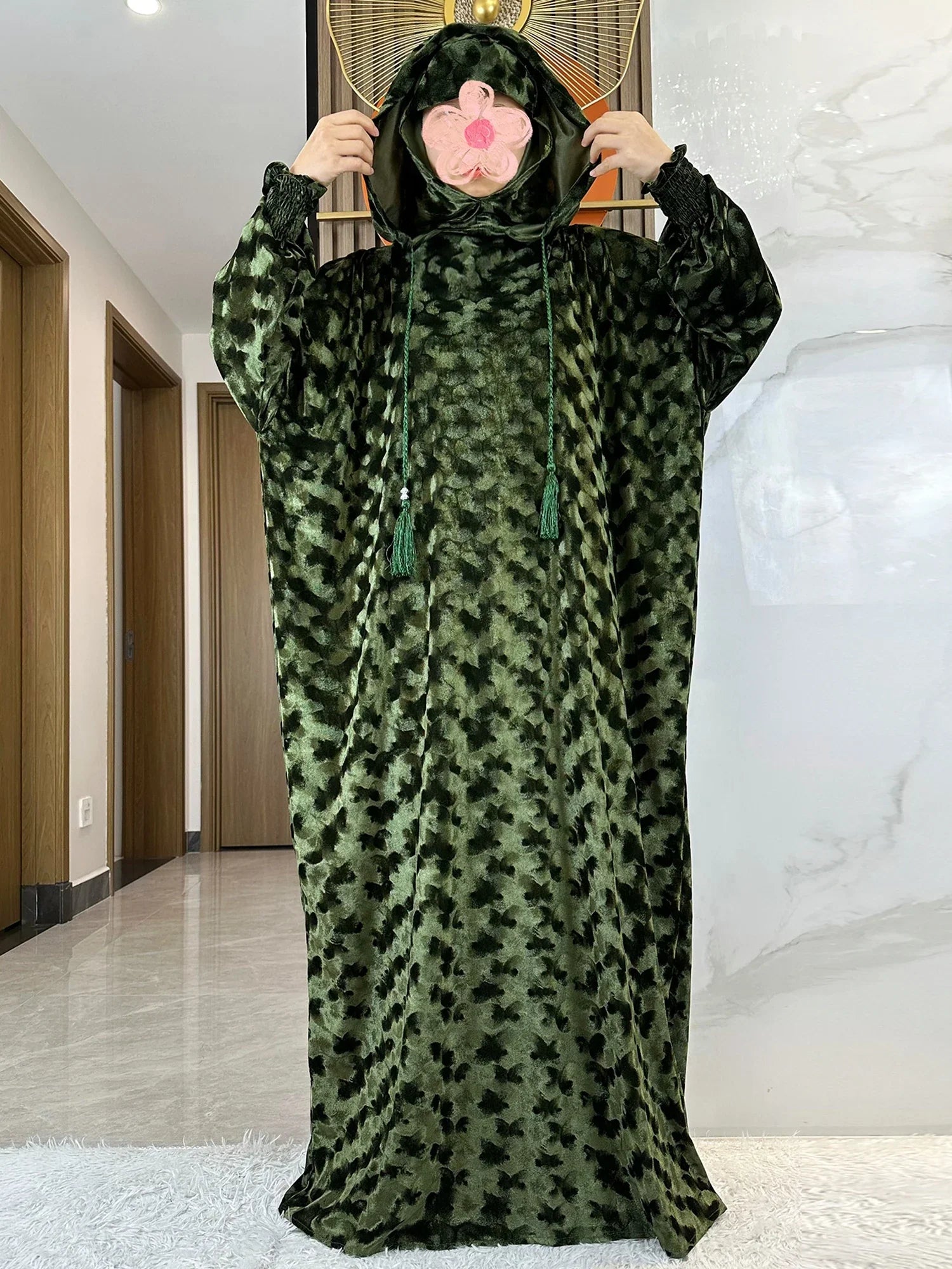 Elegant Islamic prayer kaftan dress in rich velvet material, designed for sophisticated modest fashion.
