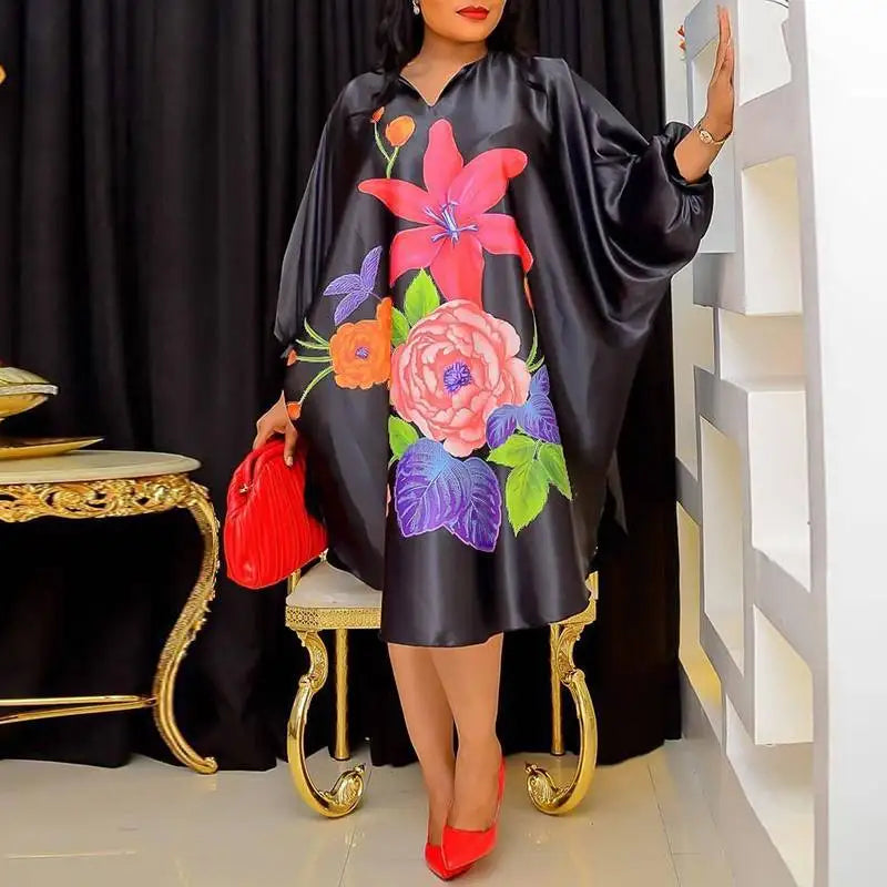 Elegant Plus Size 5XL VONDA Women’s Bohemian Floral Midi Dress in rose red featuring batwing sleeves and a flattering V-neck, perfect for any special occasion.