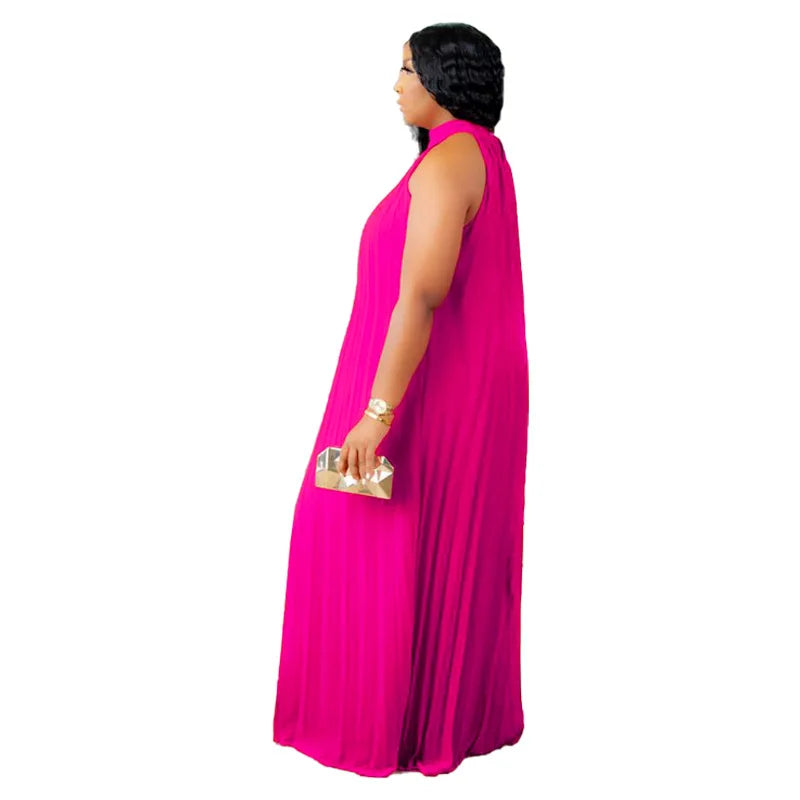 Chic floor-length evening gown with halter neck design, showcasing a pleated silhouette for stylish plus size women.