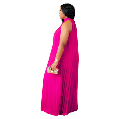 Chic floor-length evening gown with halter neck design, showcasing a pleated silhouette for stylish plus size women.