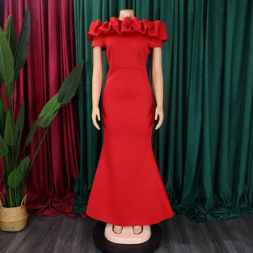 Elegant off-shoulder mermaid dress for women in solid colour, featuring short sleeves and a flattering floor-length silhouette, perfect for upscale club events.