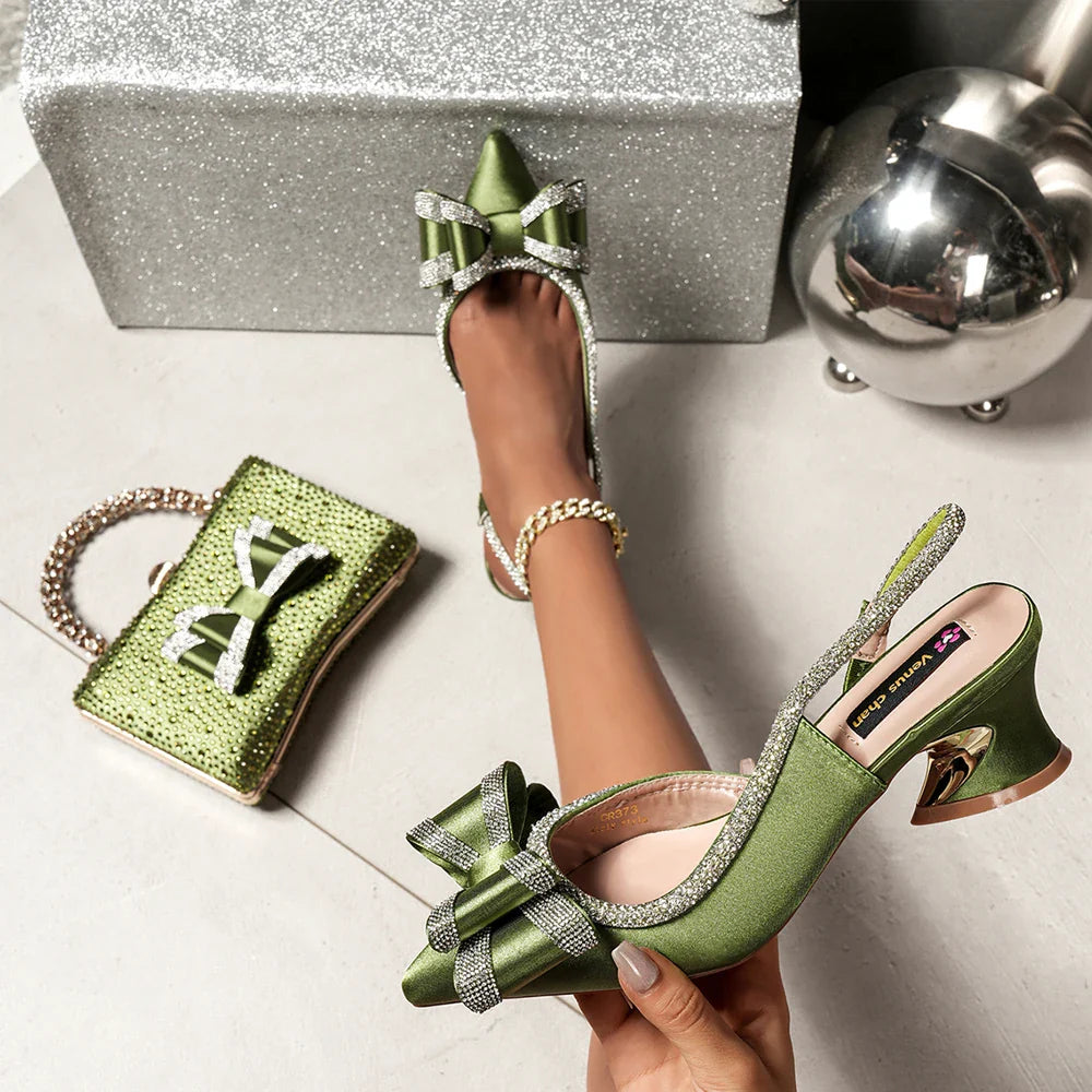 Elegant women's Italian low heels and matching bag set featuring a chic buckle strap, perfect for sophisticated evening parties and special occasions, showcasing high-quality artificial leather and luxurious spike heel design.