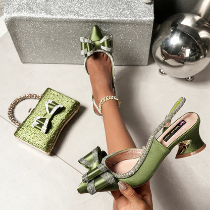 Elegant women's Italian low heels and matching bag set featuring a chic buckle strap, perfect for sophisticated evening parties and special occasions, showcasing high-quality artificial leather and luxurious spike heel design.