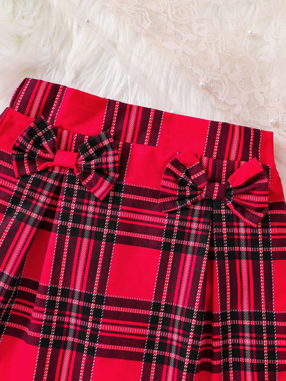 Opulent girls' 3-piece knitted fashion set featuring a vibrant red tank top with lace collar and a stylish checkered skirt for ages 4-6, perfect for trendy autumn outfits.