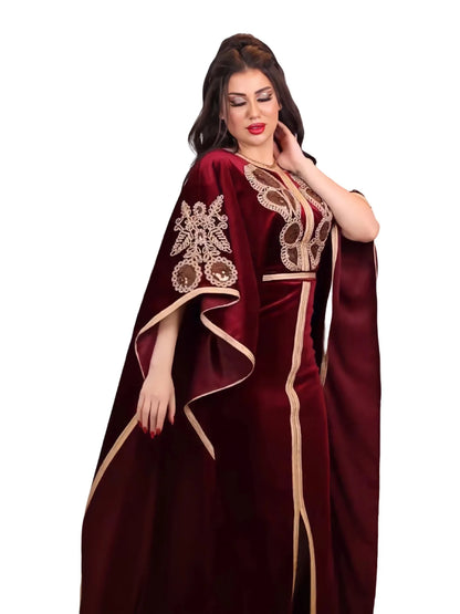 Elegant bat sleeve design of the golden velvet Ramadan dress, illustrating premium craftsmanship and stylish modesty in women's fashion.