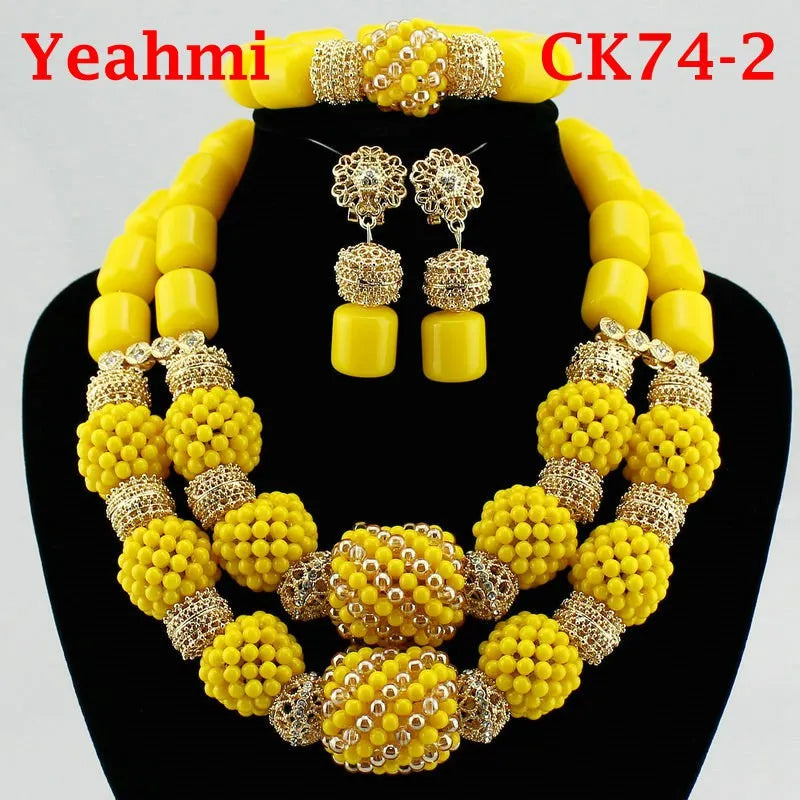 Elegant African wedding resin beads jewelry set featuring a classic necklace, earrings, and bracelet designed for women, crafted from high-quality artificial coral and copper alloy.