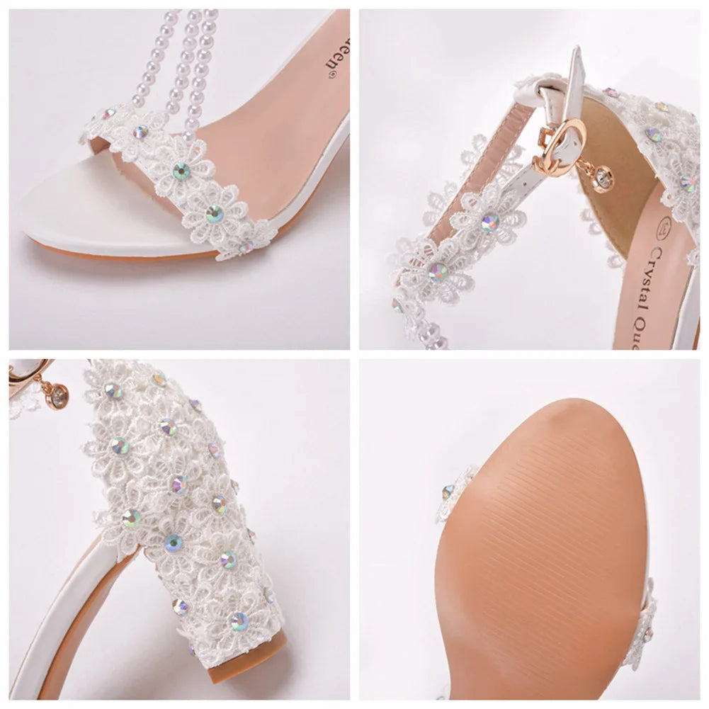 Opulent and chic plus size gladiator sandals with a square heel, elevated by beautiful lace accents and beads, designed for sophisticated women.