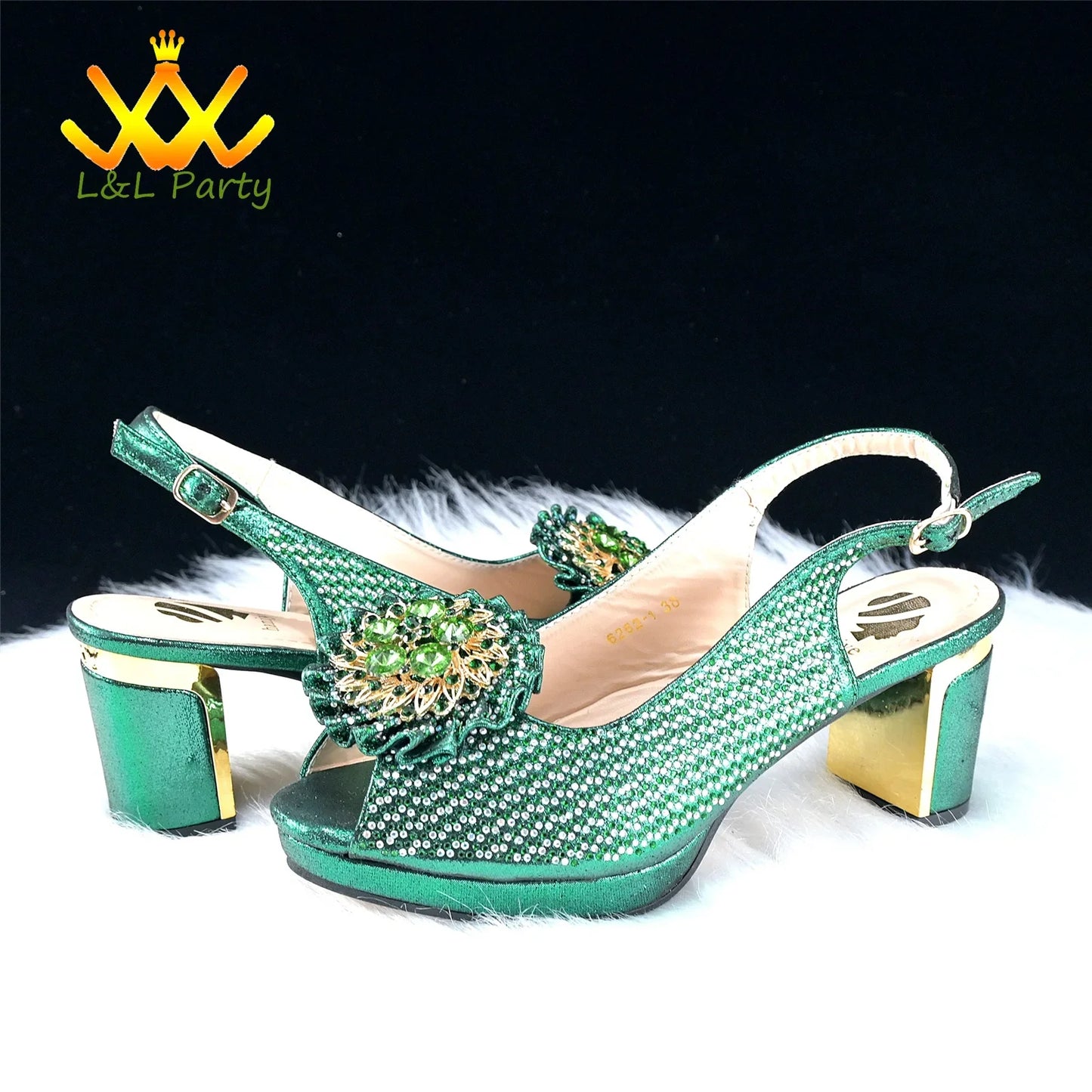 Elegant Italian green crystal platform sandals designed for women, featuring a stylish buckle strap closure and peep toe design, perfect for weddings and formal events.