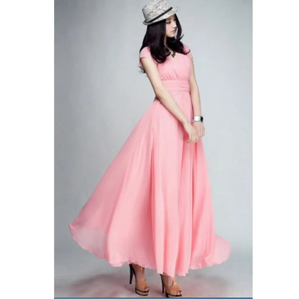 Elegant women's bodycon chiffon dress featuring a V-neckline and short sleeves, perfect for spring and summer occasions.