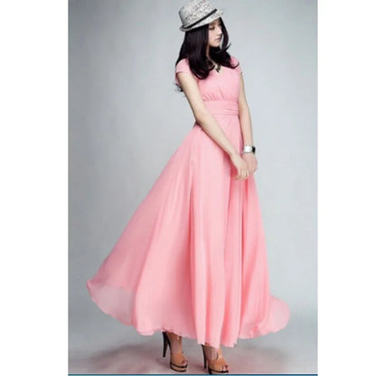 Elegant women's bodycon chiffon dress featuring a V-neckline and short sleeves, perfect for spring and summer occasions.