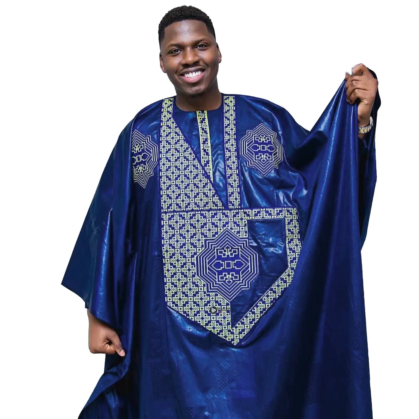 Luxury African clothing for men featuring a traditional Bazin Riche embroidered long sleeve 3 piece set, crafted from high-quality cotton, exemplifying elegance and cultural heritage.