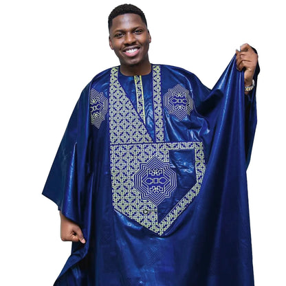 Luxury African clothing for men featuring a traditional Bazin Riche embroidered long sleeve 3 piece set, crafted from high-quality cotton, exemplifying elegance and cultural heritage.