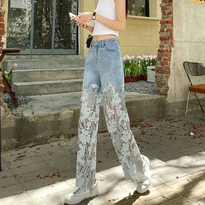 Stylish women's straight leg capris in imitation denim with eye-catching lace decoration, designed for a fashionable and comfortable fit.