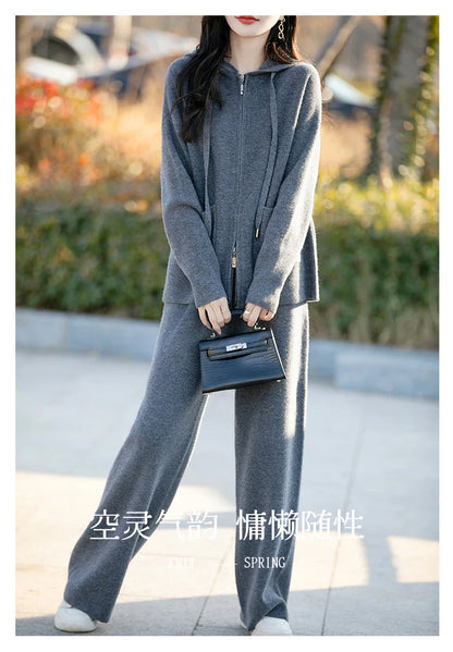 Luxurious 100% Merino Wool Women's Crewneck Hooded Cardigan in classic navy, blending elegance and comfort for a sophisticated winter look.