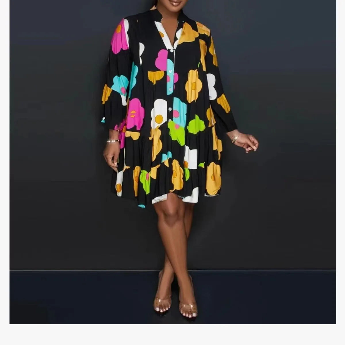 Trendy polyester jumpsuit for women, showcasing a beautiful print and a flattering loose silhouette, perfect for autumn season.