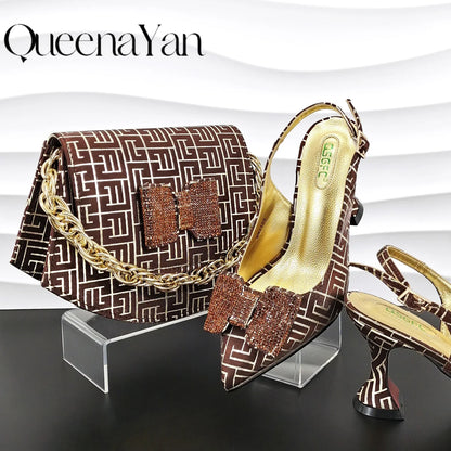 Luxury women's high heel and matching handbag set, designed with a fashionable plaid pattern, perfect for special occasions like weddings and upscale parties.