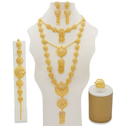 Elegant luxury Dubai gold colour jewelry set for women showcasing a stunning bridal necklace, earrings, bracelet, and ring in exquisite African design.