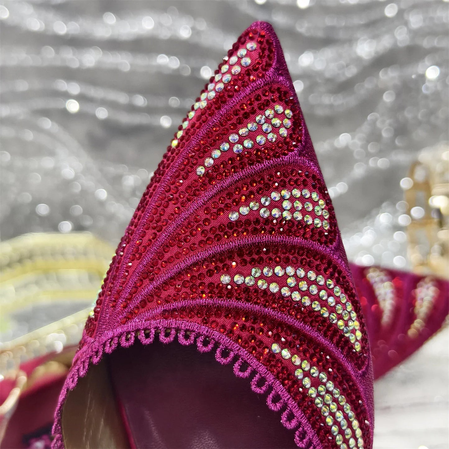 Chic matching handbag for women's diamond studded shoe set, featuring a stylish metal handle and elegant buckle closure, ideal for upscale events.