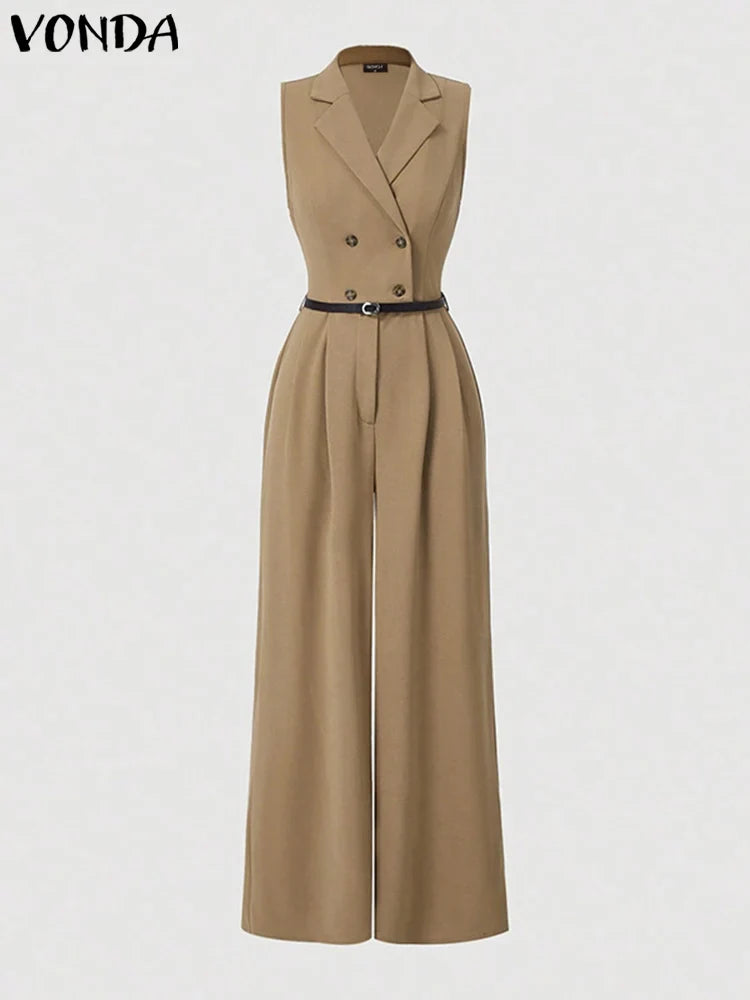 Luxurious VONDA Plus Size 5XL sleeveless solid colour jumpsuit featuring an elegant wide leg design, perfect for casual occasions and all-season wear.